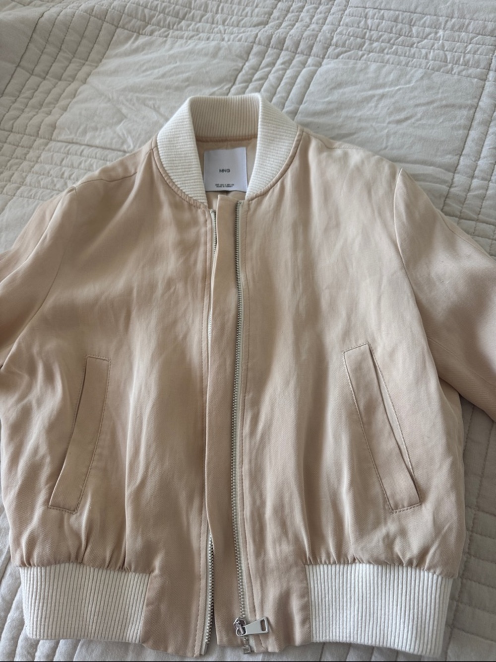 Mango Beige Bomber Jacket with White Rib Trim